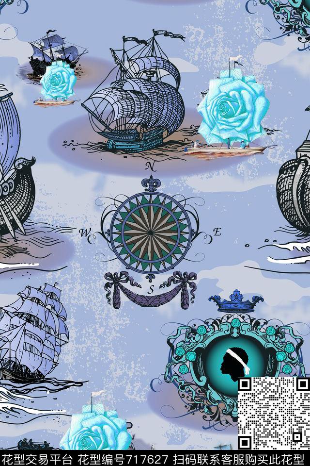 帆船线条几何图形船钟摆花卉组合传统印花华亿平台下载（图片编号: 717627） - 瓦栏（Walan）