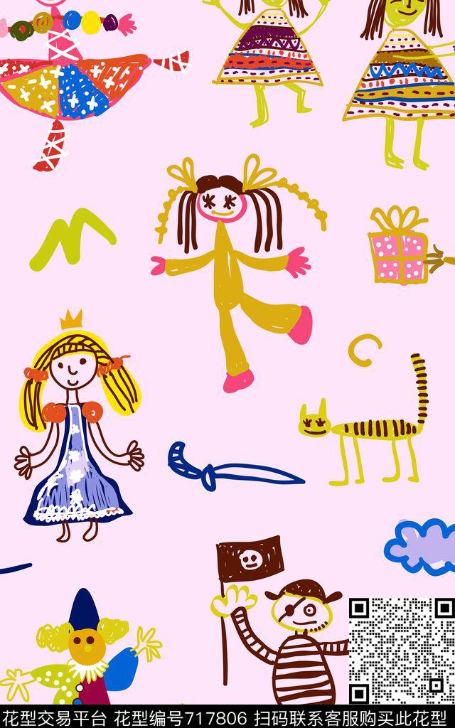 卡通涂鸦人物数码印花华亿平台下载（图片编号: 717806） - 瓦栏（Walan）