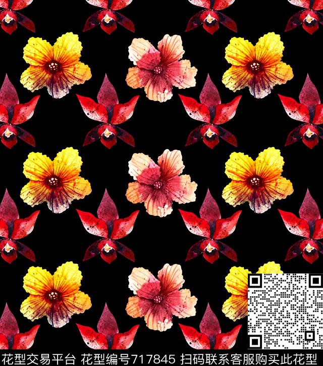 花卉炫彩手绘数码印花华亿平台下载（图片编号: 717845） - 瓦栏（Walan）