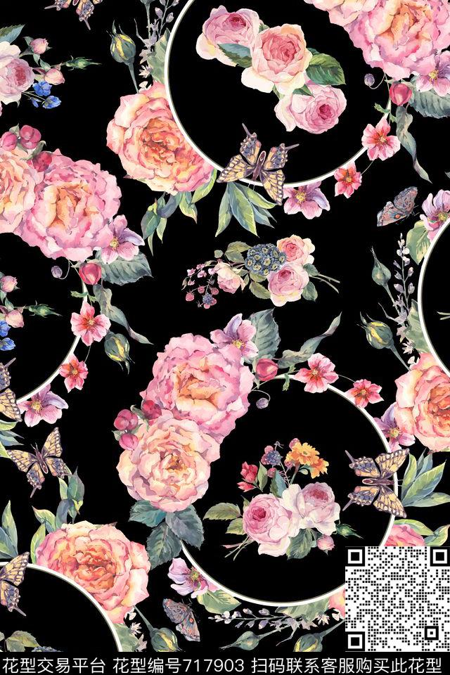 花朵花鸟圆圈数码印花华亿平台下载（图片编号: 717903） - 瓦栏（Walan）