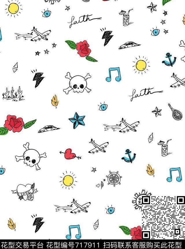 卡通涂鸦手绘数码印花华亿平台下载（图片编号: 717911） - 瓦栏（Walan）