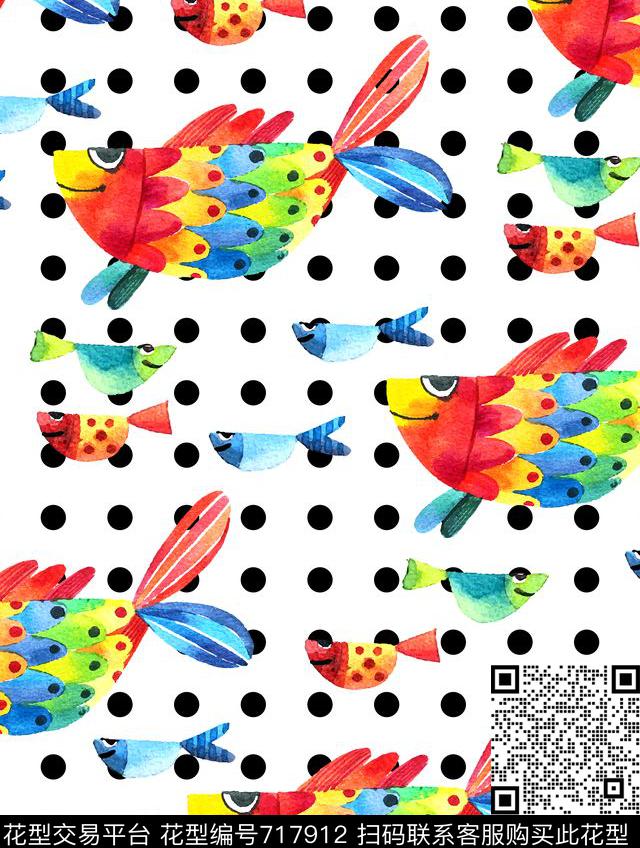 波点手绘鱼数码印花华亿平台下载（图片编号: 717912） - 瓦栏（Walan）
