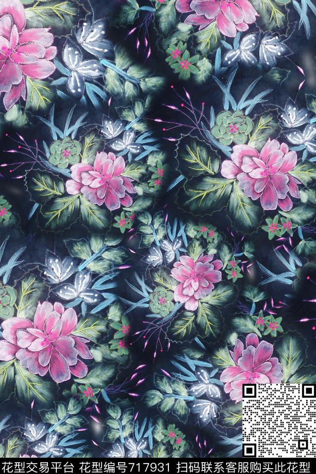 烟墨水感大花蕙数码印花华亿平台下载（图片编号: 717931） - 瓦栏（Walan）