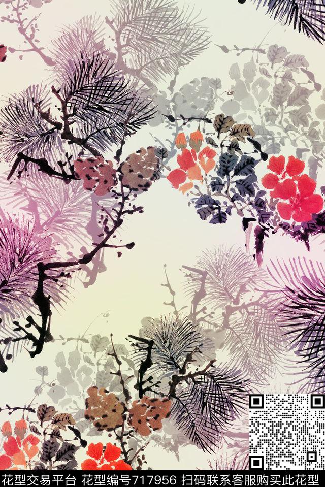 花朵花卉松叶数码印花华亿平台下载（图片编号: 717956） - 瓦栏（Walan）