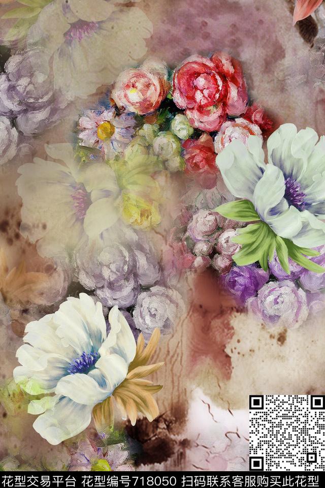 女装满版花卉旗袍数码印花华亿平台下载（图片编号: 718050） - 瓦栏（Walan）