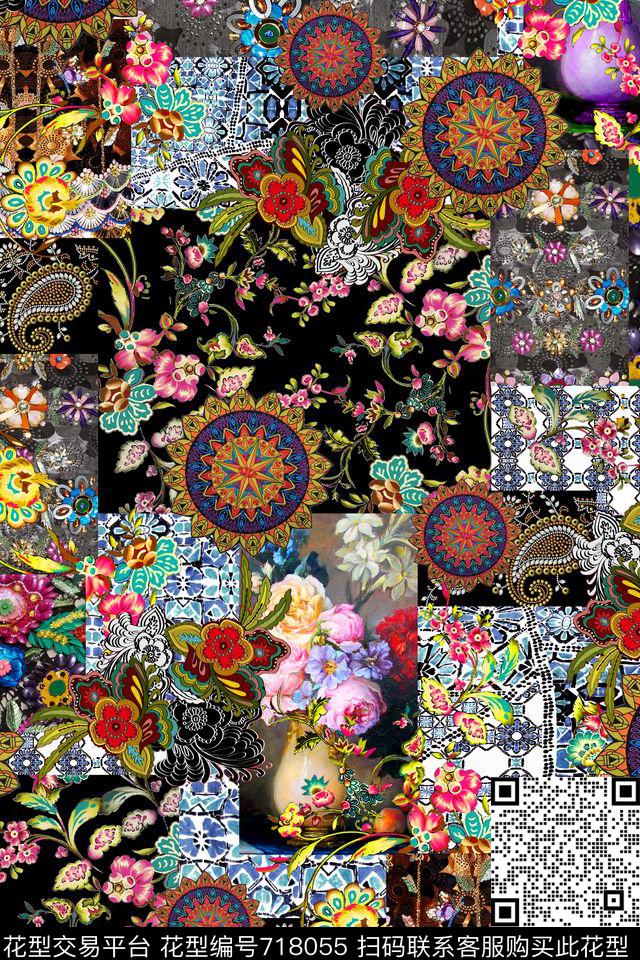 女装满版花卉旗袍数码印花华亿平台下载（图片编号: 718055） - 瓦栏（Walan）
