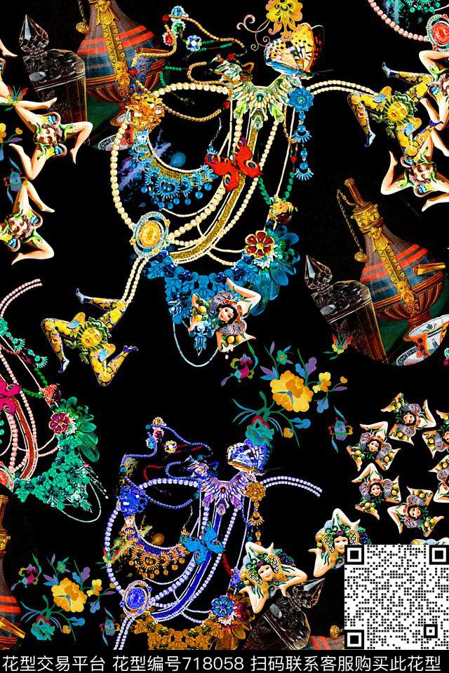 女装满版花卉旗袍数码印花华亿平台下载（图片编号: 718058） - 瓦栏（Walan）