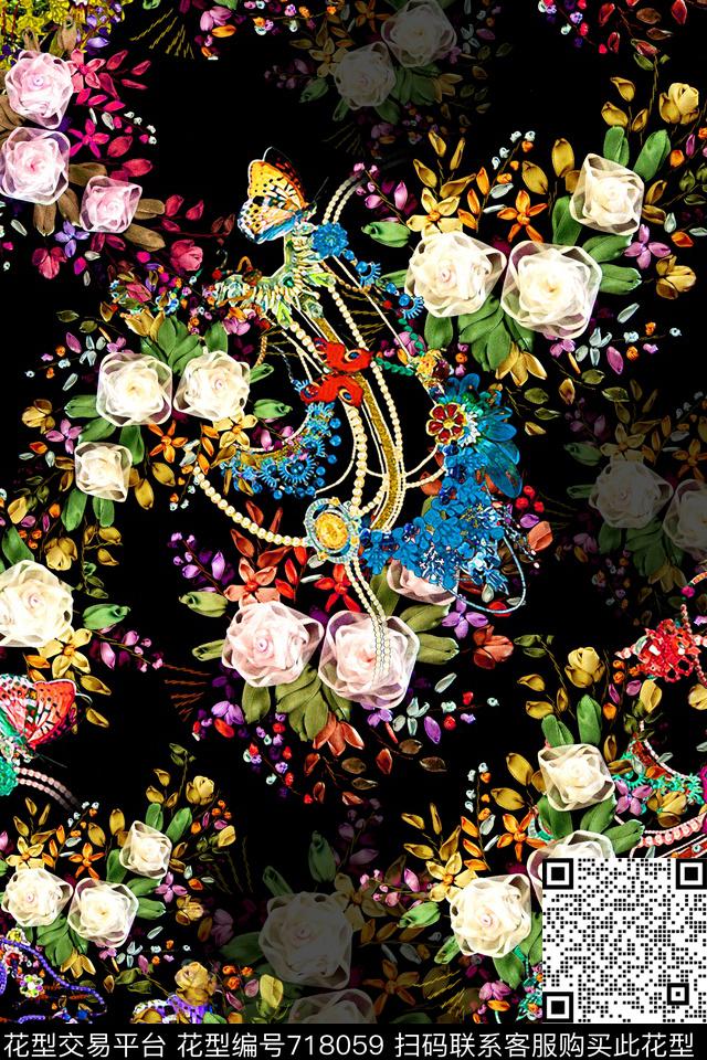 女装满版花卉旗袍数码印花华亿平台下载（图片编号: 718059） - 瓦栏（Walan）