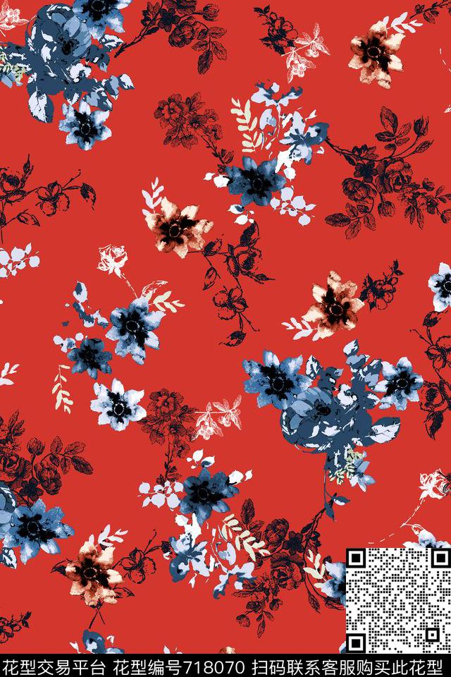 小花线条艳丽传统印花华亿平台下载（图片编号: 718070） - 瓦栏（Walan）