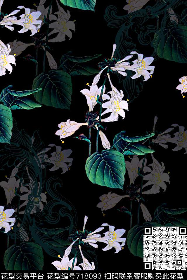 抽象手绘中国风水墨画树叶植物数码印花时尚潮流女装裙子旗袍印花潮流复古春夏清爽满版花卉民族风印花数码印花华亿平台下载（图片编号: 718093） - 瓦栏（Walan）