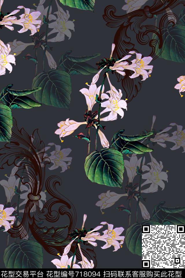 抽象手绘中国风水墨画树叶植物数码印花时尚潮流女装裙子旗袍印花潮流复古春夏清爽满版花卉民族风印花数码印花华亿平台下载（图片编号: 718094） - 瓦栏（Walan）