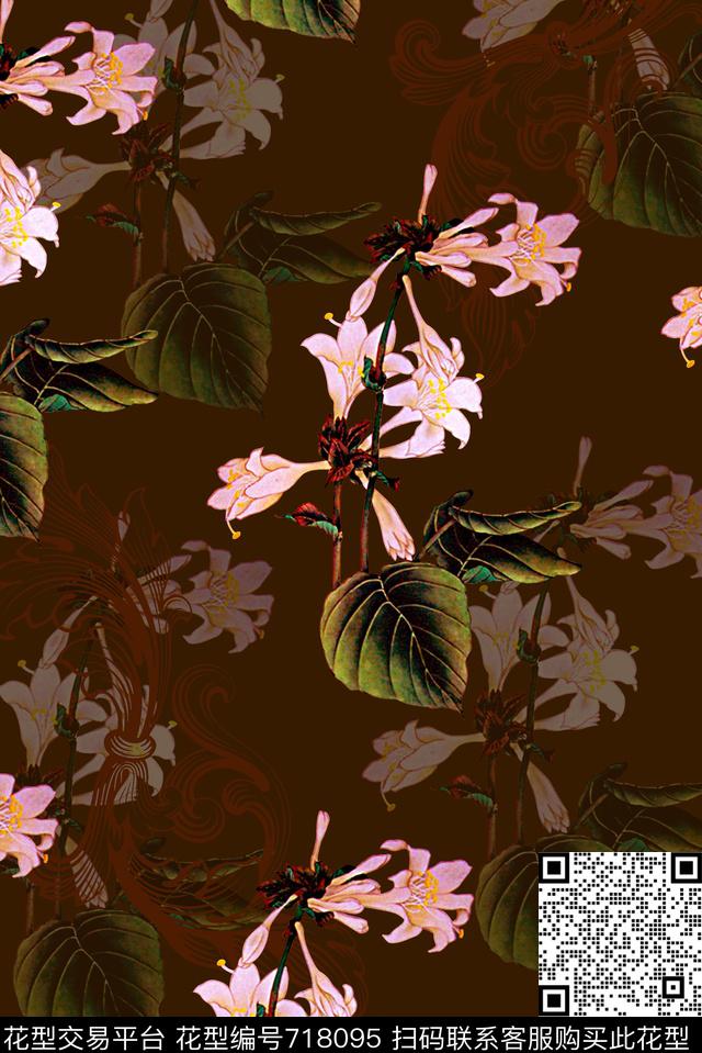 抽象手绘中国风水墨画树叶植物数码印花时尚潮流女装裙子旗袍印花潮流复古春夏清爽满版花卉民族风印花数码印花华亿平台下载（图片编号: 718095） - 瓦栏（Walan）