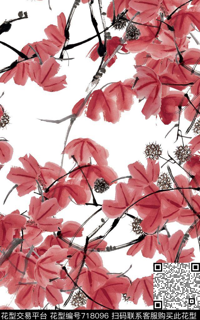 抽象手绘中国风水墨画树叶植物数码印花时尚潮流女装裙子旗袍印花潮流复古春夏清爽满版印花数码印花华亿平台下载（图片编号: 718096） - 瓦栏（Walan）