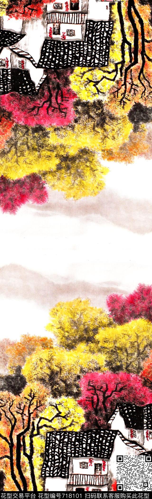 中国风长丝巾花卉花鸟围巾山水长巾国画写意长围巾数码印花华亿平台下载（图片编号: 718101） - 瓦栏（Walan）