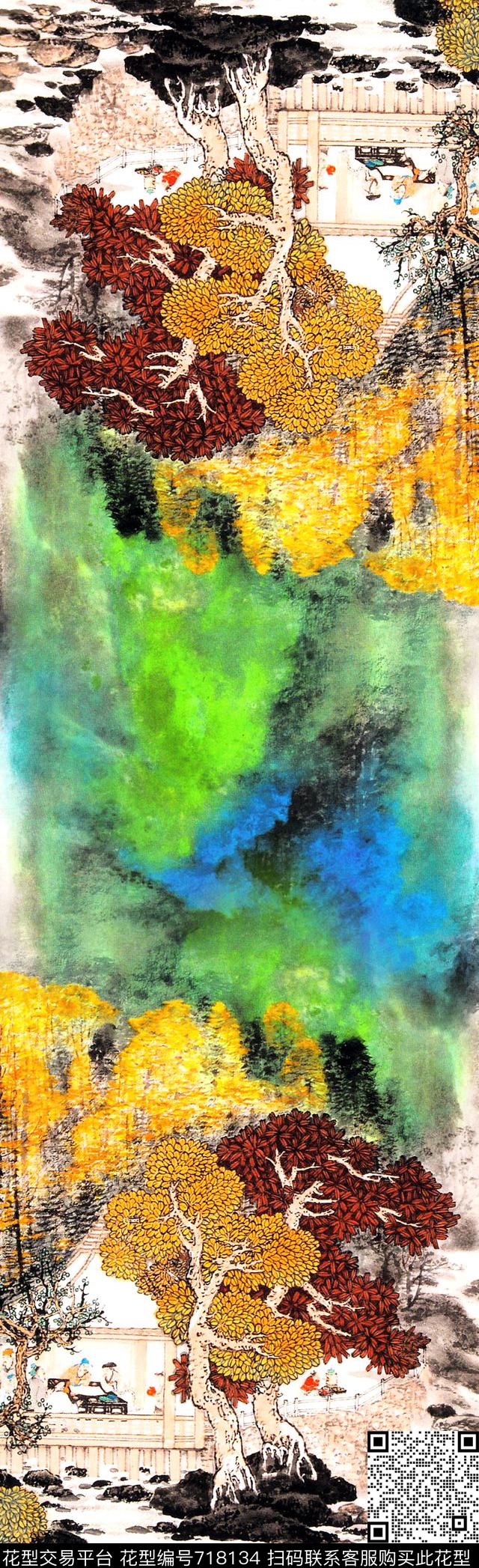 中国风长丝巾花卉花鸟围巾山水长巾国画写意长围巾数码印花华亿平台下载（图片编号: 718134） - 瓦栏（Walan）