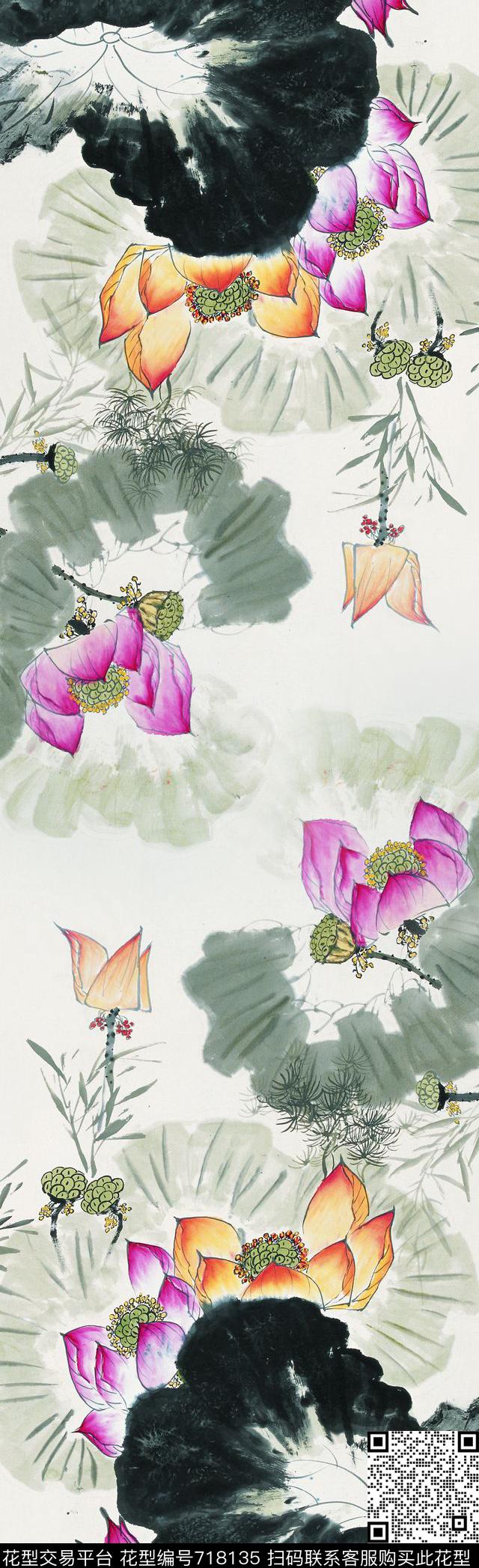 中国风长丝巾花卉花鸟围巾山水长巾国画写意长围巾数码印花华亿平台下载（图片编号: 718135） - 瓦栏（Walan）