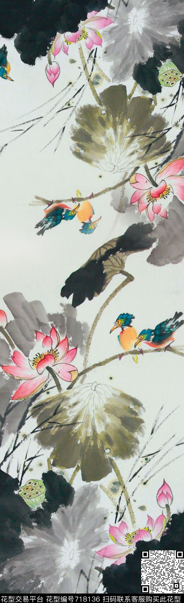 中国风长丝巾花卉花鸟围巾山水长巾国画写意长围巾数码印花华亿平台下载（图片编号: 718136） - 瓦栏（Walan）