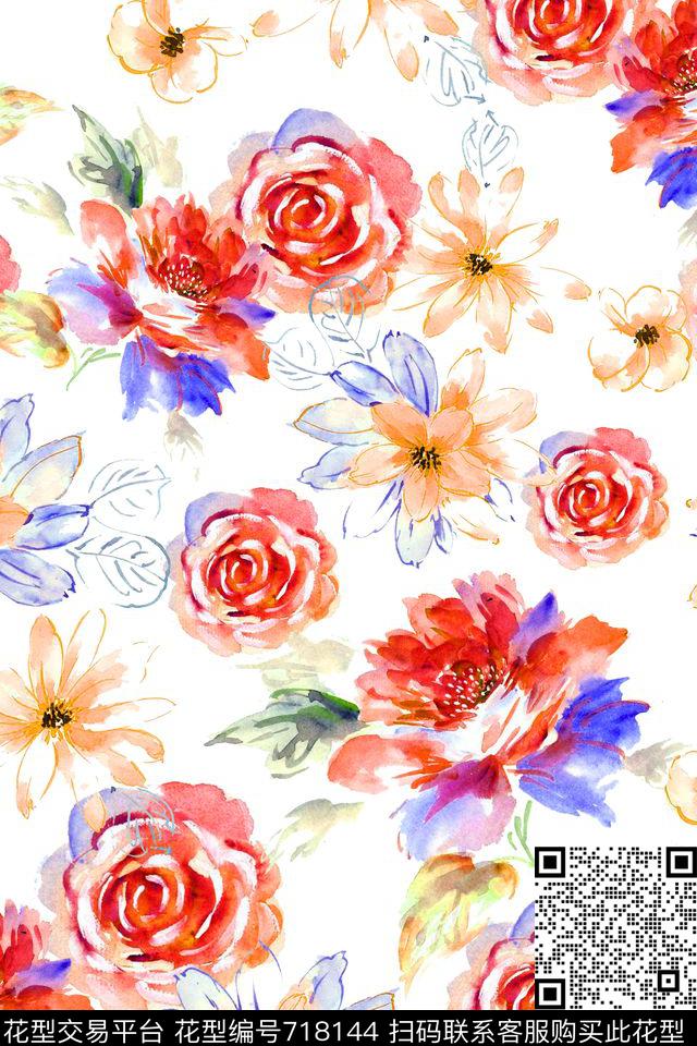大花花朵花卉数码印花华亿平台下载（图片编号: 718144） - 瓦栏（Walan）
