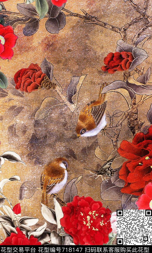 中国风工笔画鸟花朵数码印花华亿平台下载（图片编号: 718147） - 瓦栏（Walan）