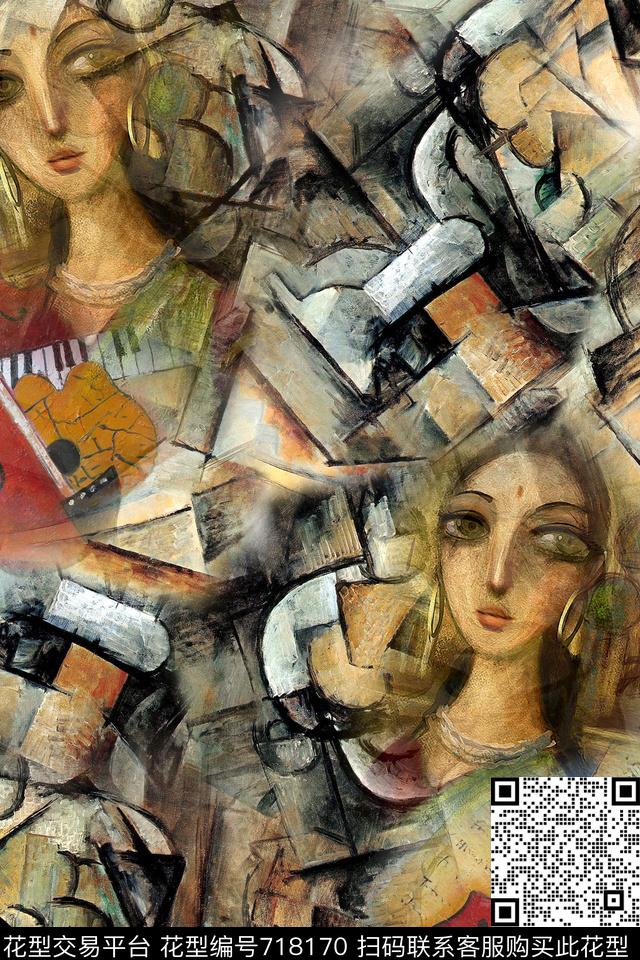 抽象油画女人头油画抽象几何图形与钢琴的组合数码印花华亿平台下载（图片编号: 718170） - 瓦栏（Walan）
