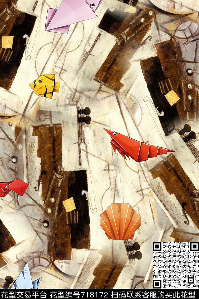 抽象手绘油画卡通图形鱼虾贝壳组合数码印花华亿平台下载（图片编号: 718172） - 瓦栏（Walan）