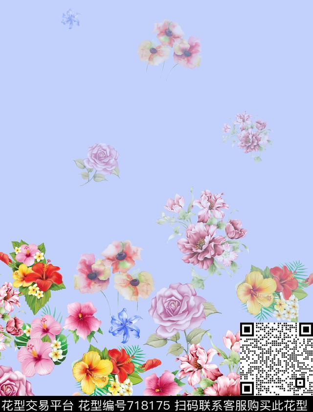 水彩玫瑰清爽数码印花华亿平台下载（图片编号: 718175） - 瓦栏（Walan）