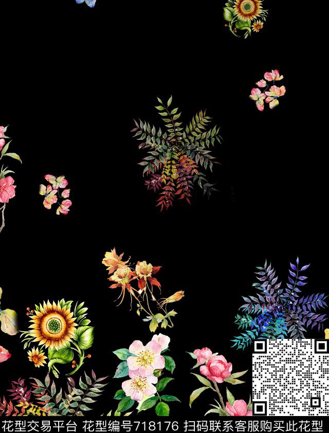 向日葵大牌水彩叶子数码印花华亿平台下载（图片编号: 718176） - 瓦栏（Walan）