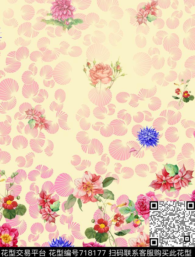 贝壳手绘花卉平底数码印花华亿平台下载（图片编号: 718177） - 瓦栏（Walan）