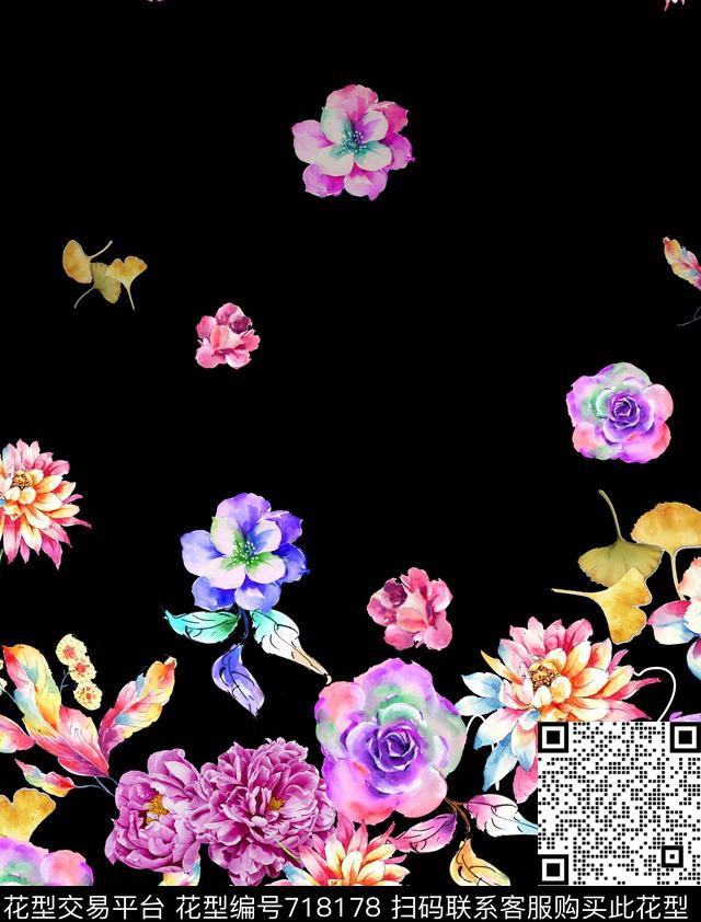 水彩花卉大牌简单数码印花华亿平台下载（图片编号: 718178） - 瓦栏（Walan）