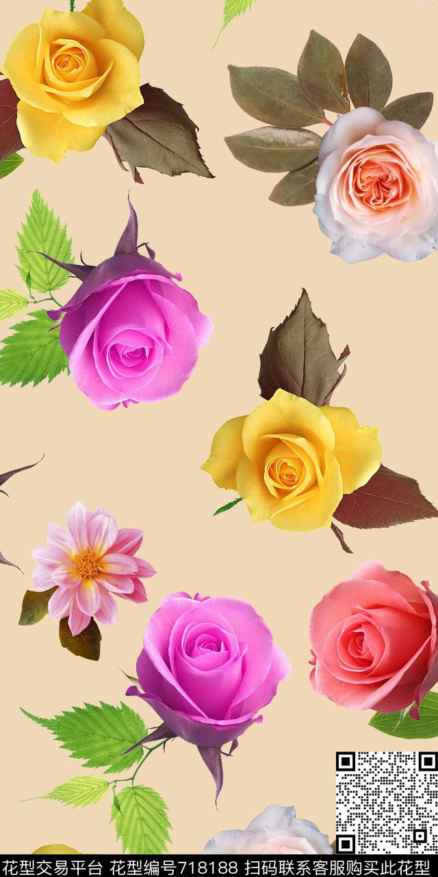 玫瑰叶子清爽数码印花华亿平台下载（图片编号: 718188） - 瓦栏（Walan）