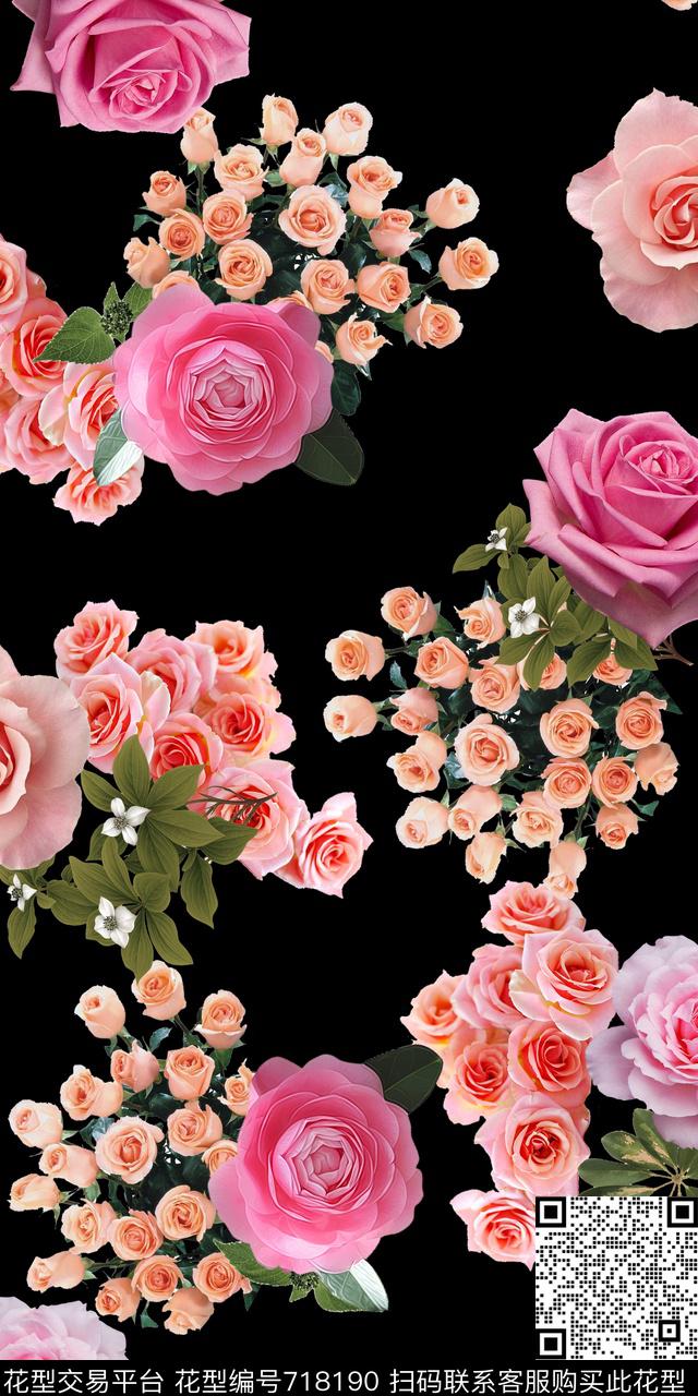 玫瑰一簇花卉大牌数码印花华亿平台下载（图片编号: 718190） - 瓦栏（Walan）