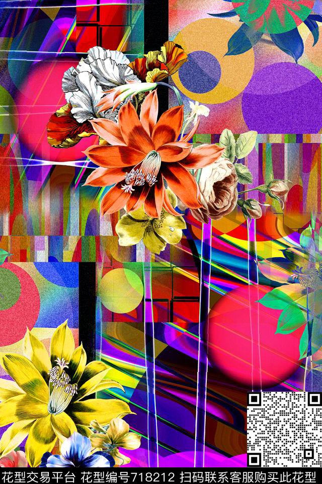 抽象几何花卉数码印花华亿平台下载（图片编号: 718212） - 瓦栏（Walan）