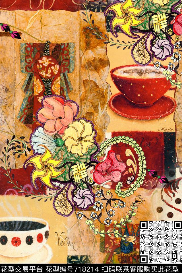抽象拼接茶杯数码印花华亿平台下载（图片编号: 718214） - 瓦栏（Walan）