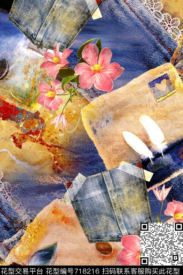 时尚牛仔拼接数码印花华亿平台下载（图片编号: 718216） - 瓦栏（Walan）