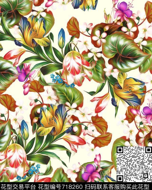 郁金香乱花花朵数码印花华亿平台下载（图片编号: 718260） - 瓦栏（Walan）