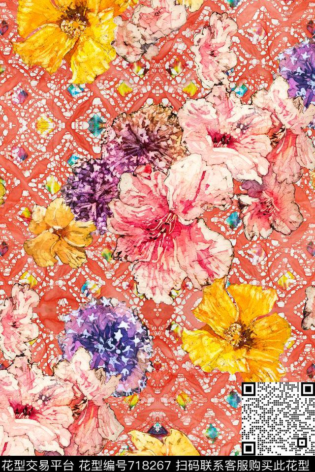 扎染花卉格子数码印花华亿平台下载（图片编号: 718267） - 瓦栏（Walan）