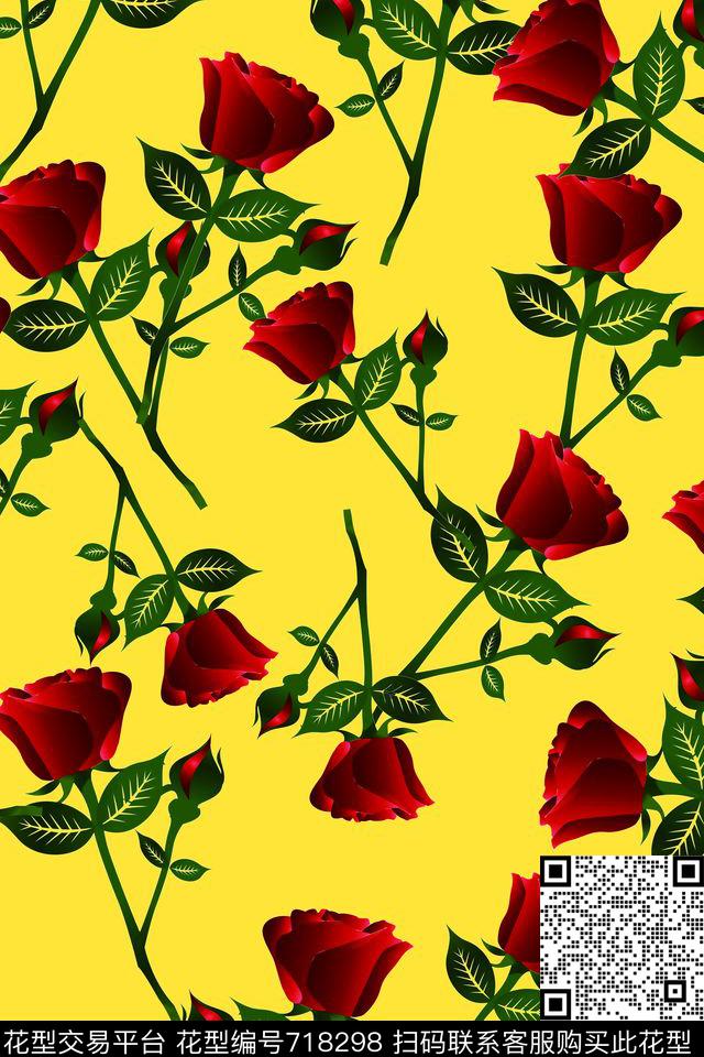 大小花卉玫瑰花纯色底纹数码印花华亿平台下载（图片编号: 718298） - 瓦栏（Walan）
