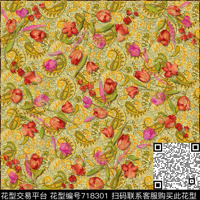 手绘花纹佩斯利数码印花华亿平台下载（图片编号: 718301） - 瓦栏（Walan）