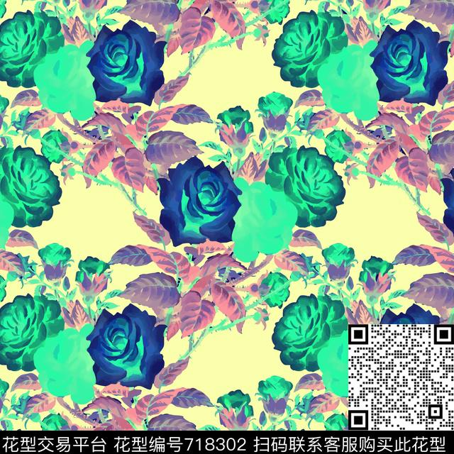 乱花大花玫瑰数码印花华亿平台下载（图片编号: 718302） - 瓦栏（Walan）