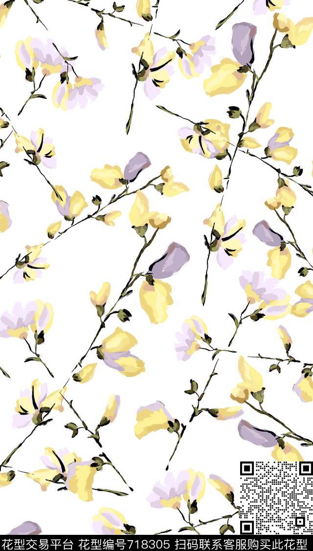 手绘枝叶小黄花水彩手绘花卉清新花卉数码印花华亿平台下载（图片编号: 718305） - 瓦栏（Walan）