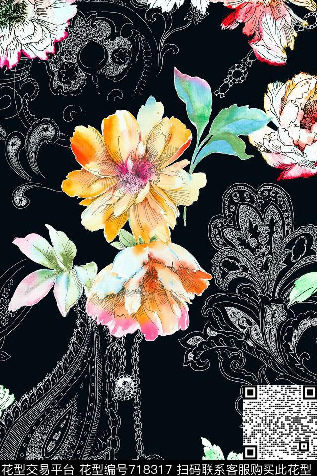 手绘水彩花卉数码印花华亿平台下载（图片编号: 718317） - 瓦栏（Walan）