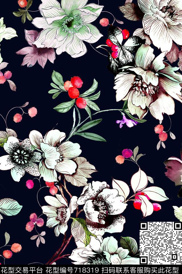 手绘水彩花卉数码印花华亿平台下载（图片编号: 718319） - 瓦栏（Walan）