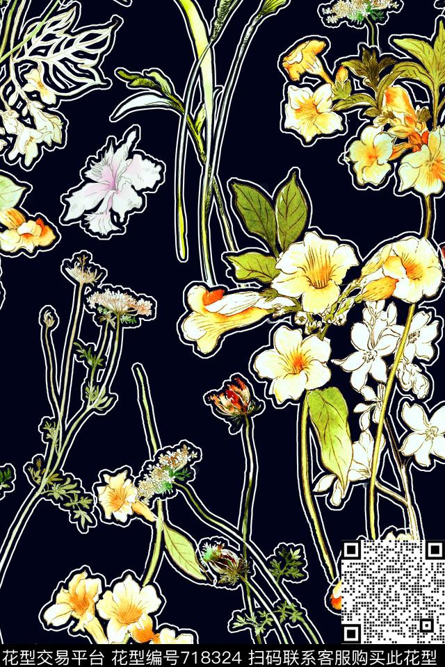 手绘水彩花卉数码印花华亿平台下载（图片编号: 718324） - 瓦栏（Walan）