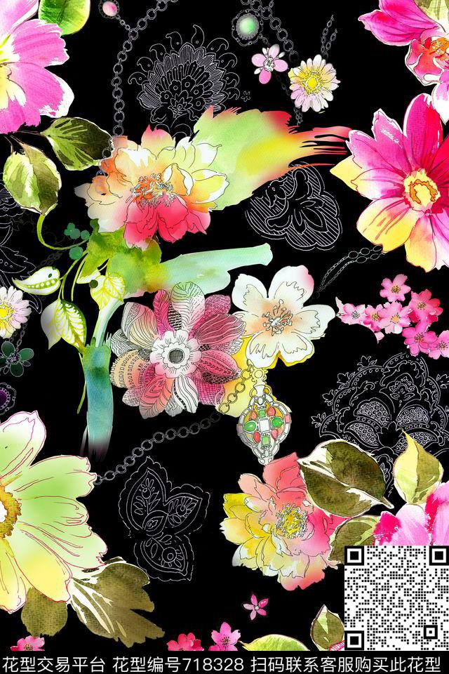 手绘水彩花卉数码印花华亿平台下载（图片编号: 718328） - 瓦栏（Walan）