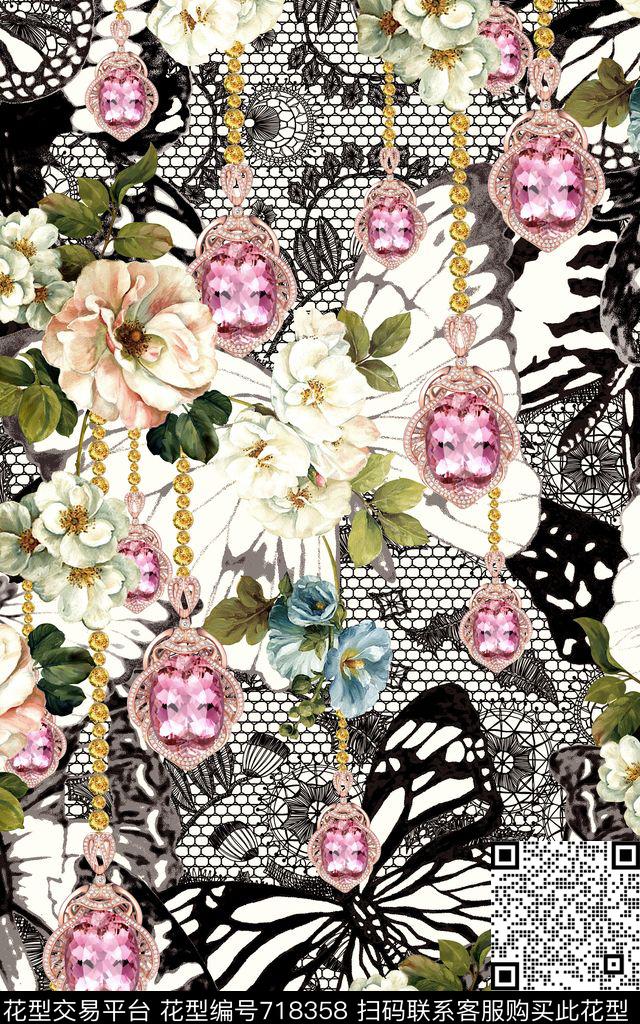 宝石花卉满版数码印花华亿平台下载（图片编号: 718358） - 瓦栏（Walan）