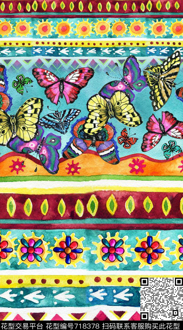 民族风部落蝴蝶数码印花华亿平台下载（图片编号: 718378） - 瓦栏（Walan）