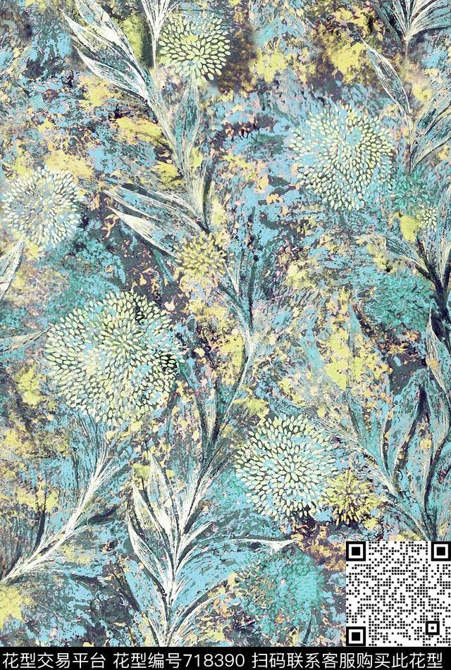 涂鸦抽象植物数码印花华亿平台下载（图片编号: 718390） - 瓦栏（Walan）