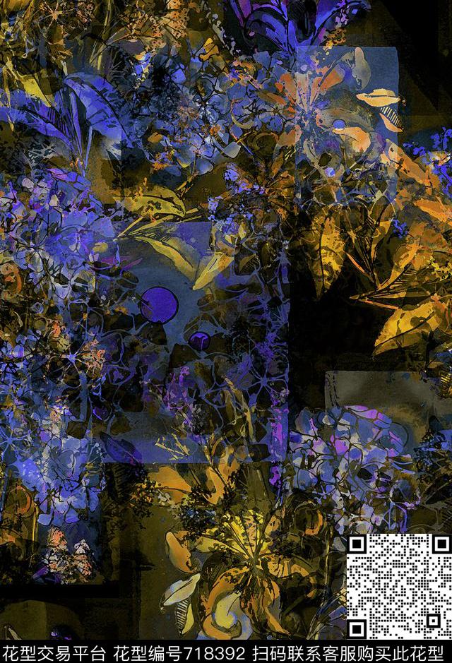 涂鸦抽象花卉数码印花华亿平台下载（图片编号: 718392） - 瓦栏（Walan）