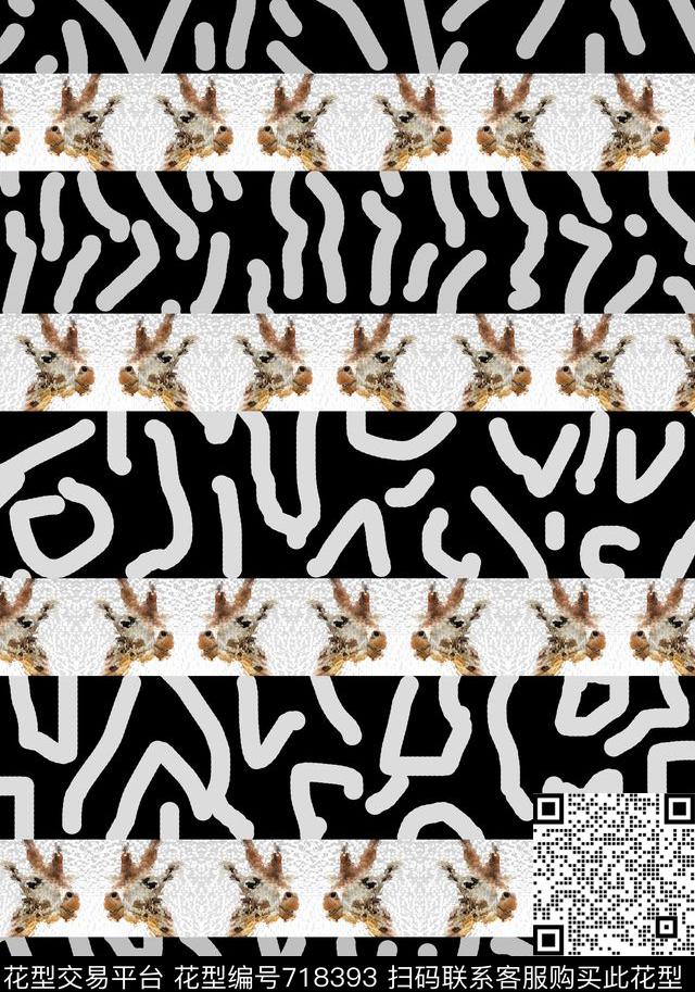 鹿头头像动物纹线条传统印花华亿平台下载（图片编号: 718393） - 瓦栏（Walan）