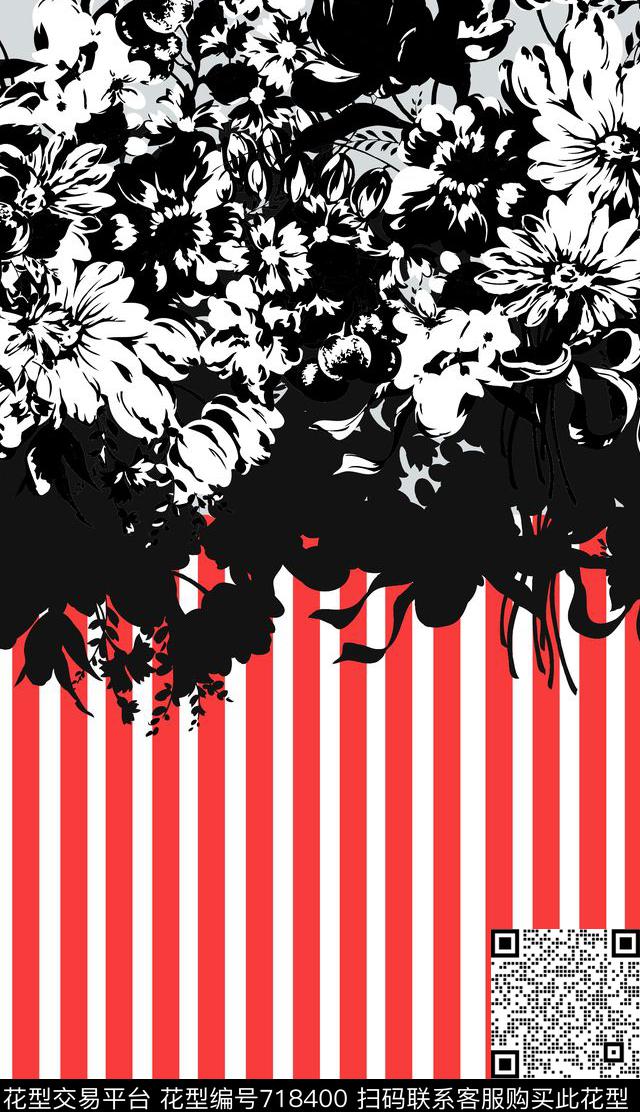 小碎花黑白花卉条纹传统印花华亿平台下载（图片编号: 718400） - 瓦栏（Walan）